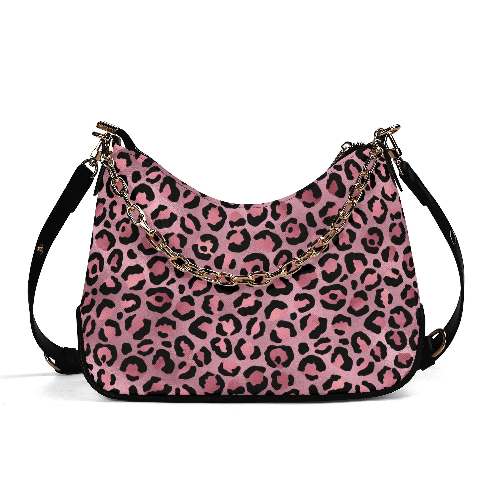 Gold Leopard Pattern Faux Leather Shoulder Bag with Chain Accent