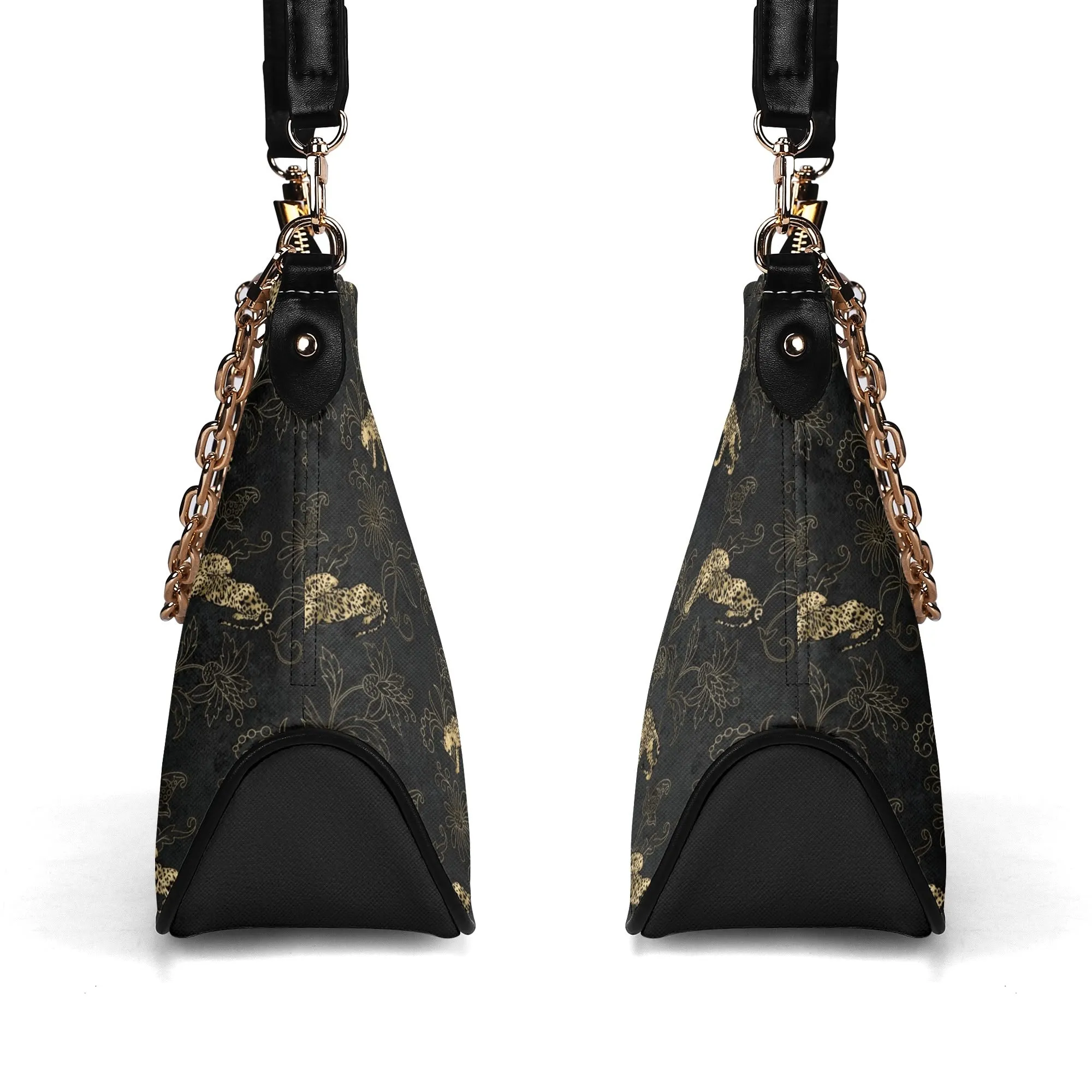 Gold Leopard Pattern Faux Leather Shoulder Bag with Chain Accent