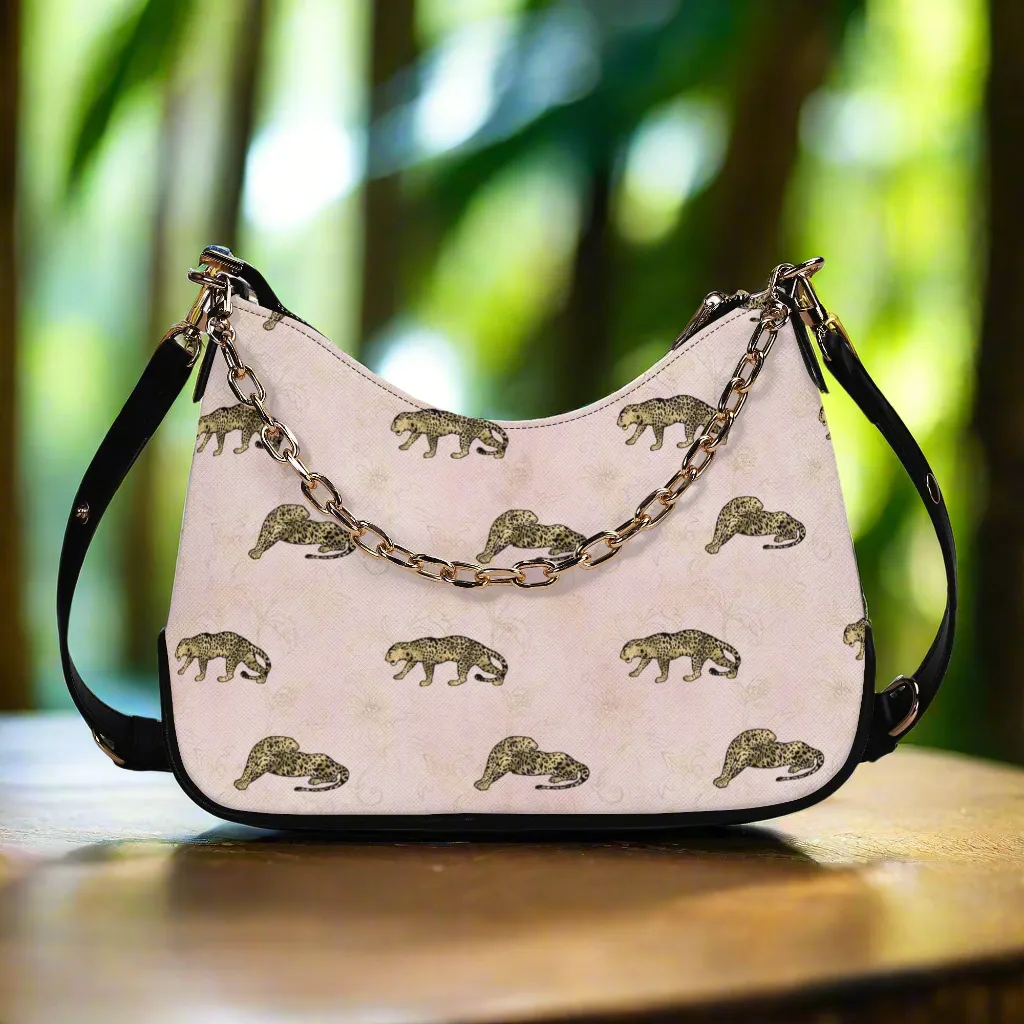 Gold Leopard Pattern Faux Leather Shoulder Bag with Chain Accent