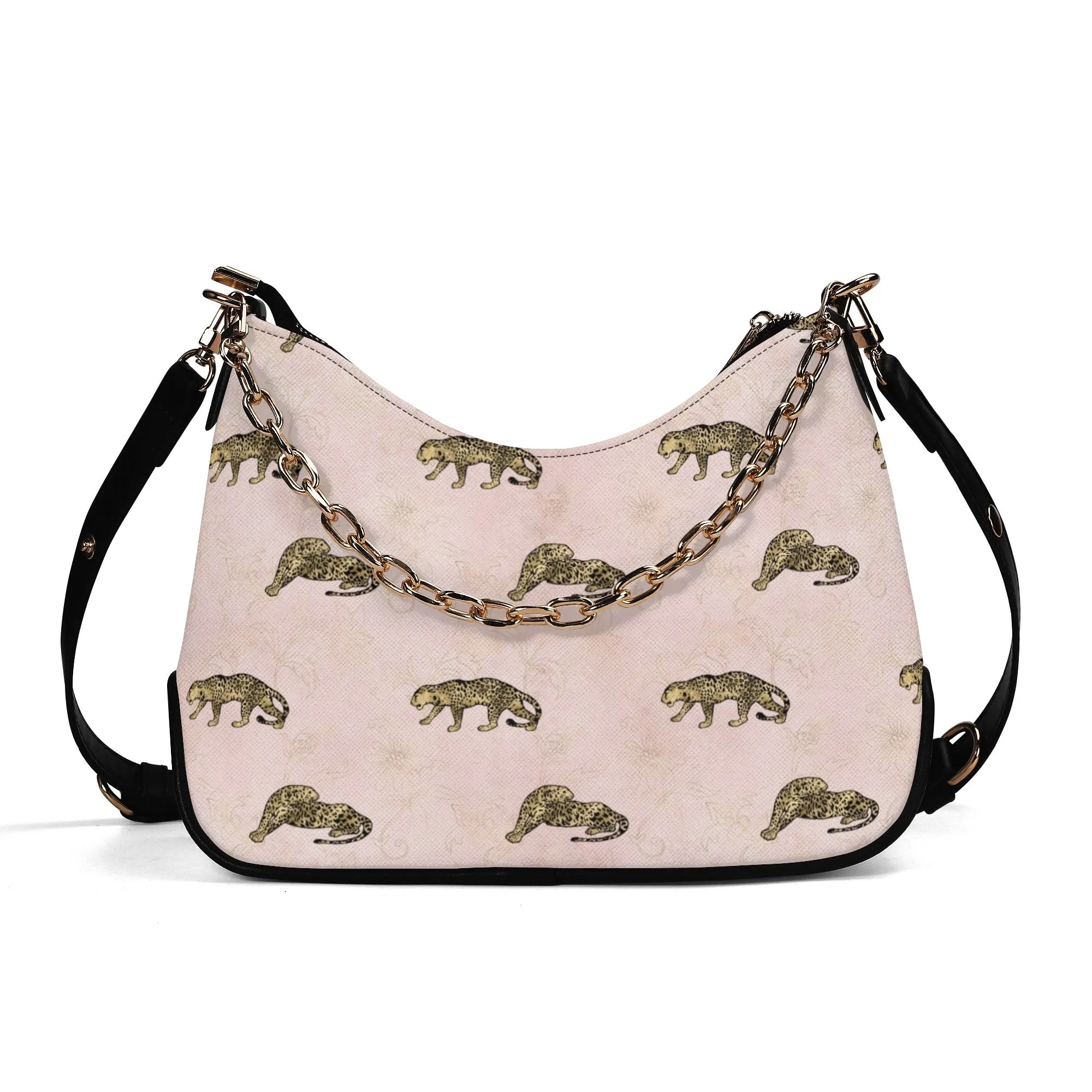 Gold Leopard Pattern Faux Leather Shoulder Bag with Chain Accent