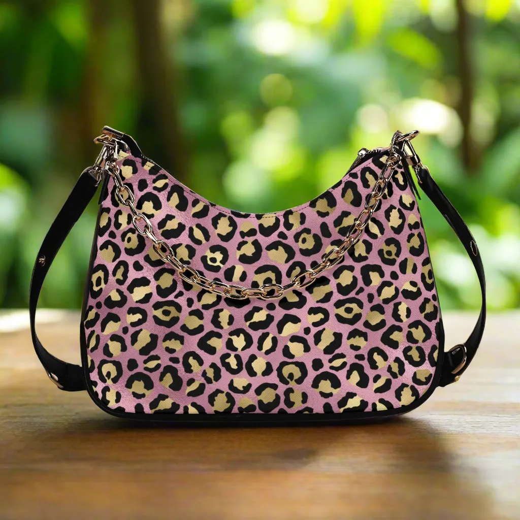Gold Leopard Pattern Faux Leather Shoulder Bag with Chain Accent
