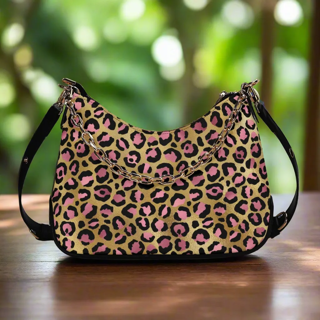 Gold Leopard Pattern Faux Leather Shoulder Bag with Chain Accent