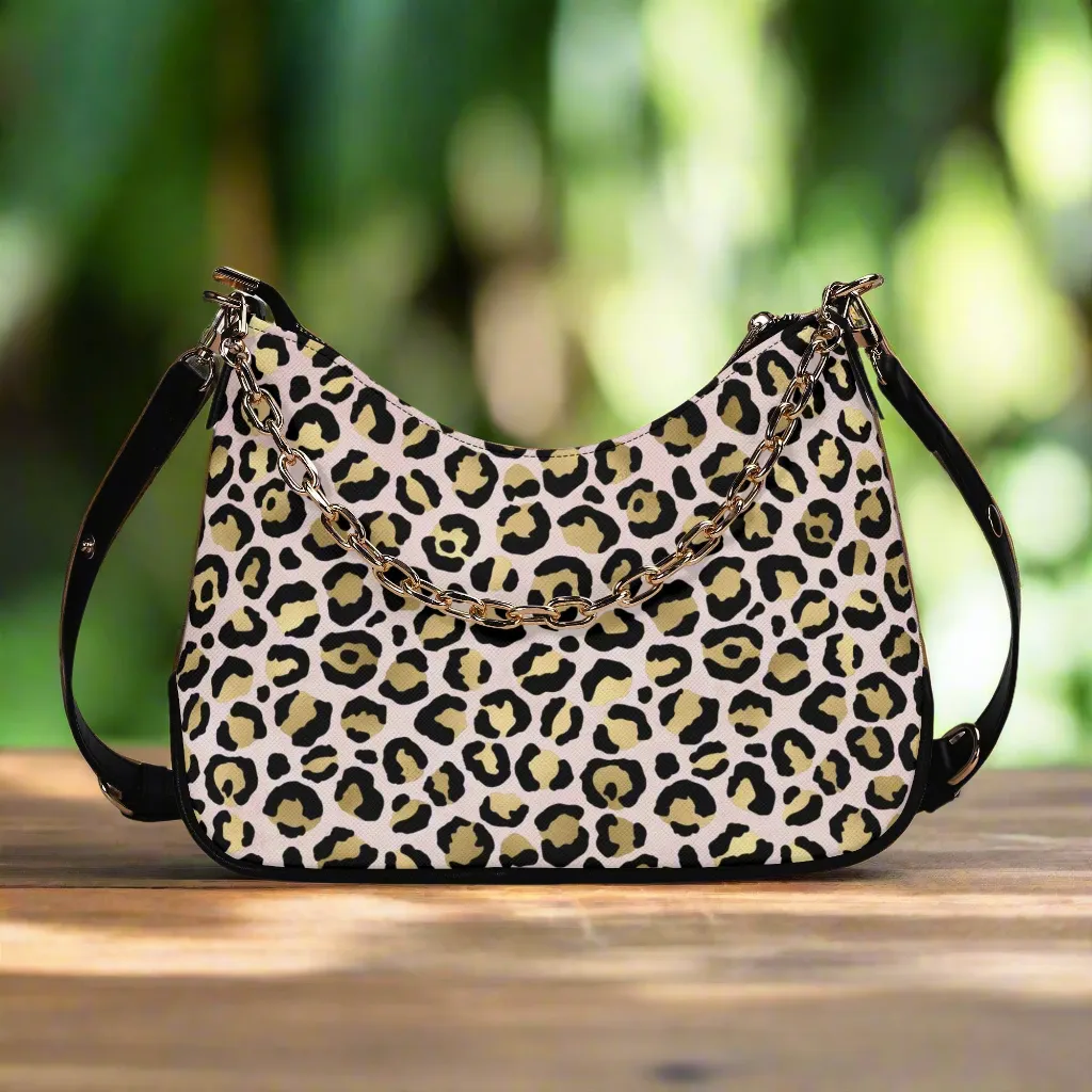 Gold Leopard Pattern Faux Leather Shoulder Bag with Chain Accent
