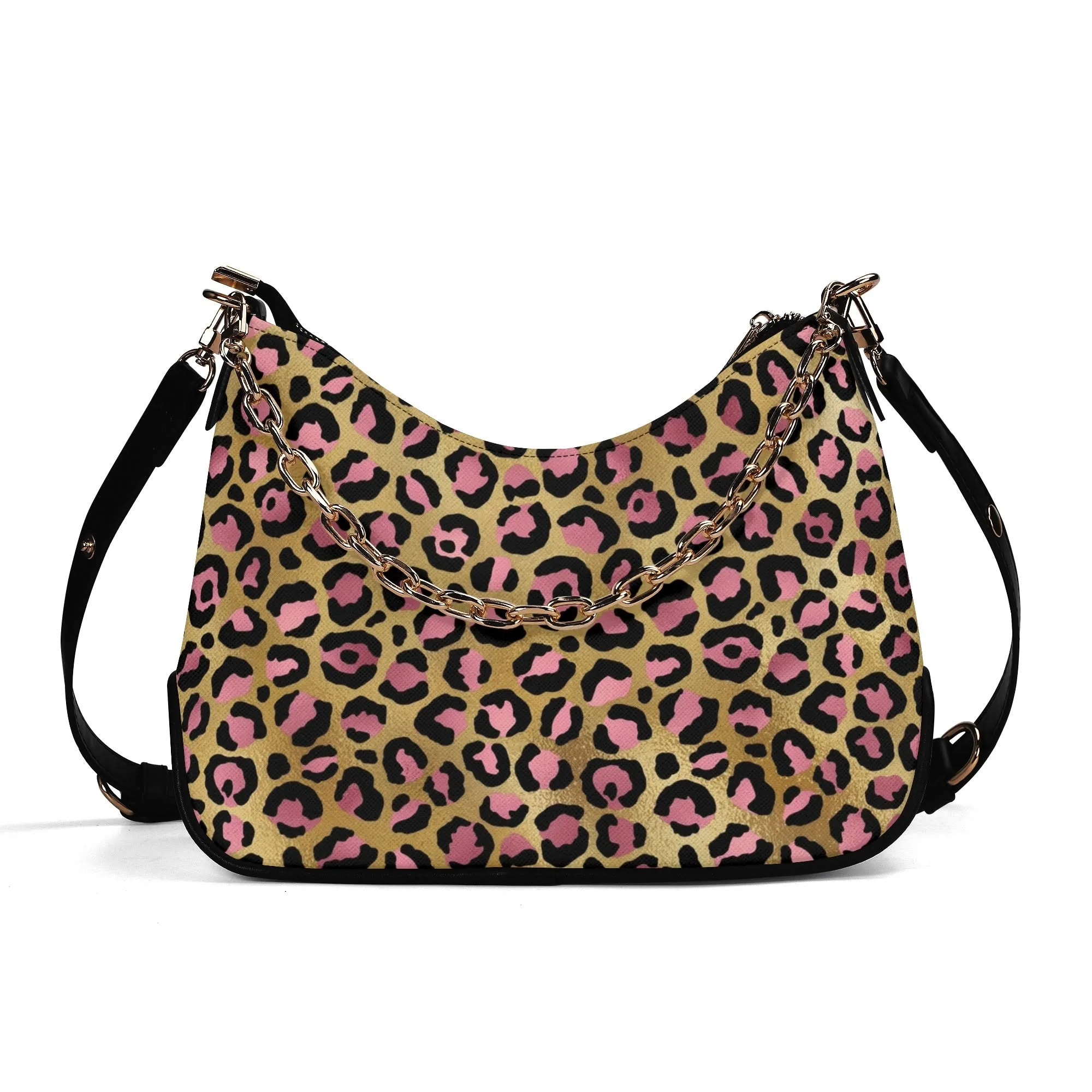 Gold Leopard Pattern Faux Leather Shoulder Bag with Chain Accent