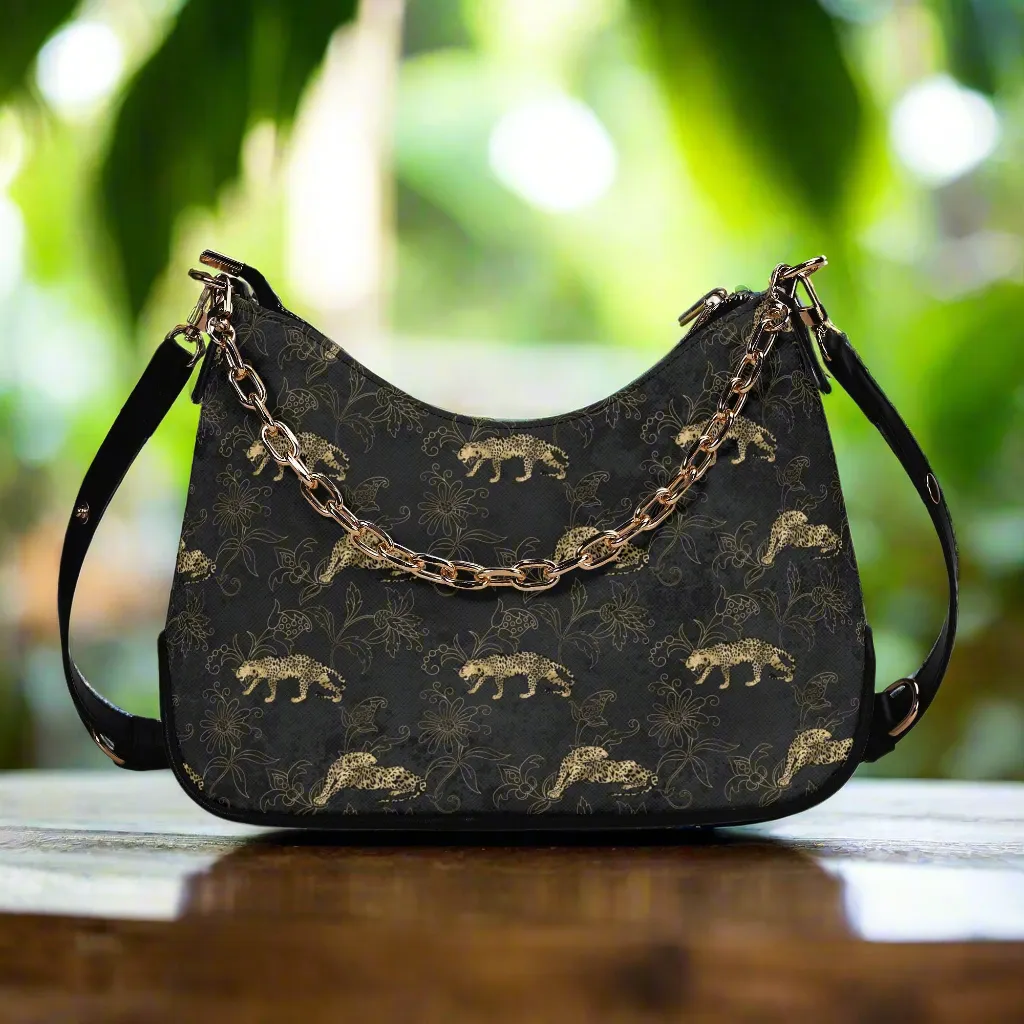 Gold Leopard Pattern Faux Leather Shoulder Bag with Chain Accent