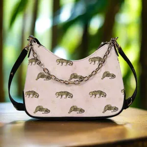 Gold Leopard Pattern Faux Leather Shoulder Bag with Chain Accent
