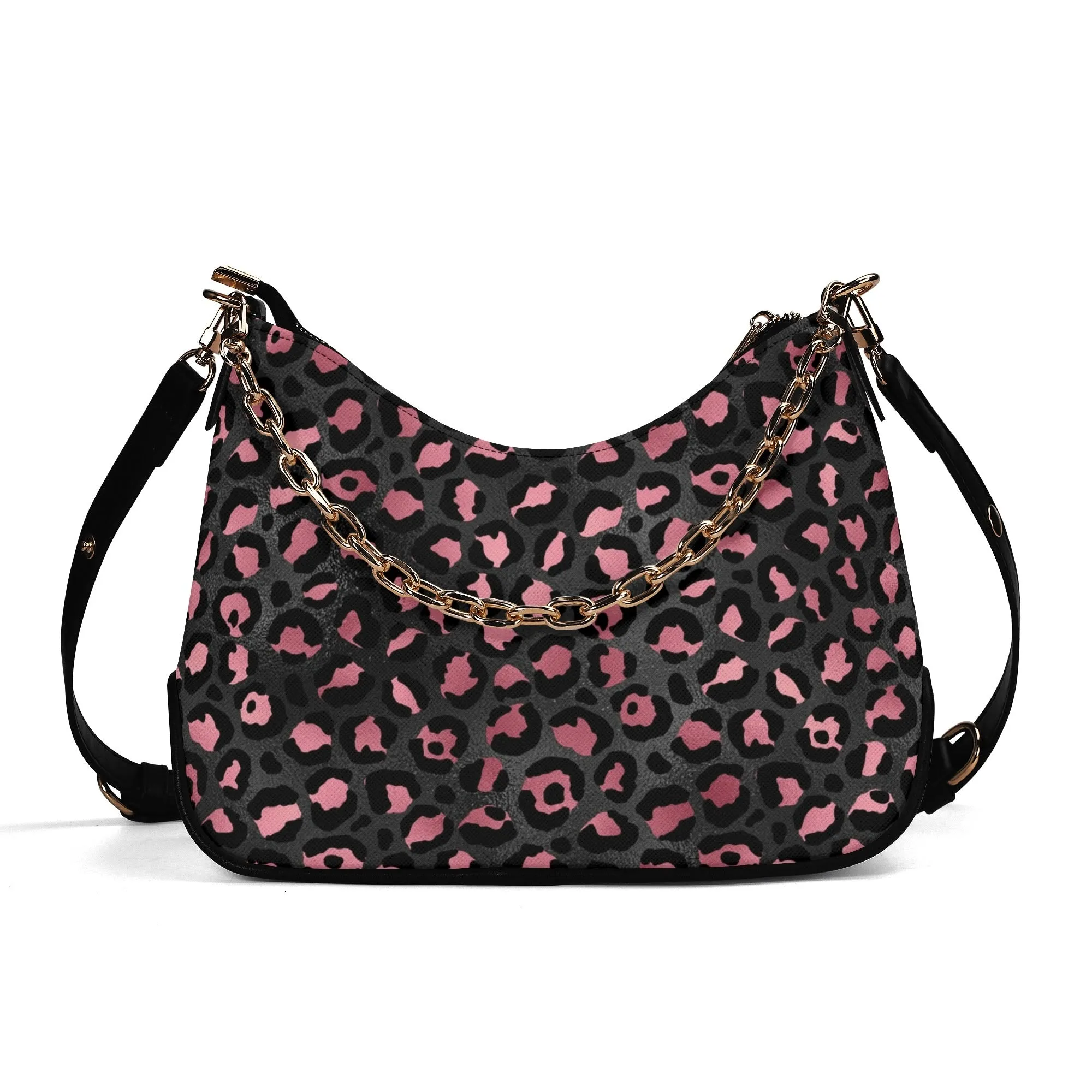 Gold Leopard Pattern Faux Leather Shoulder Bag with Chain Accent