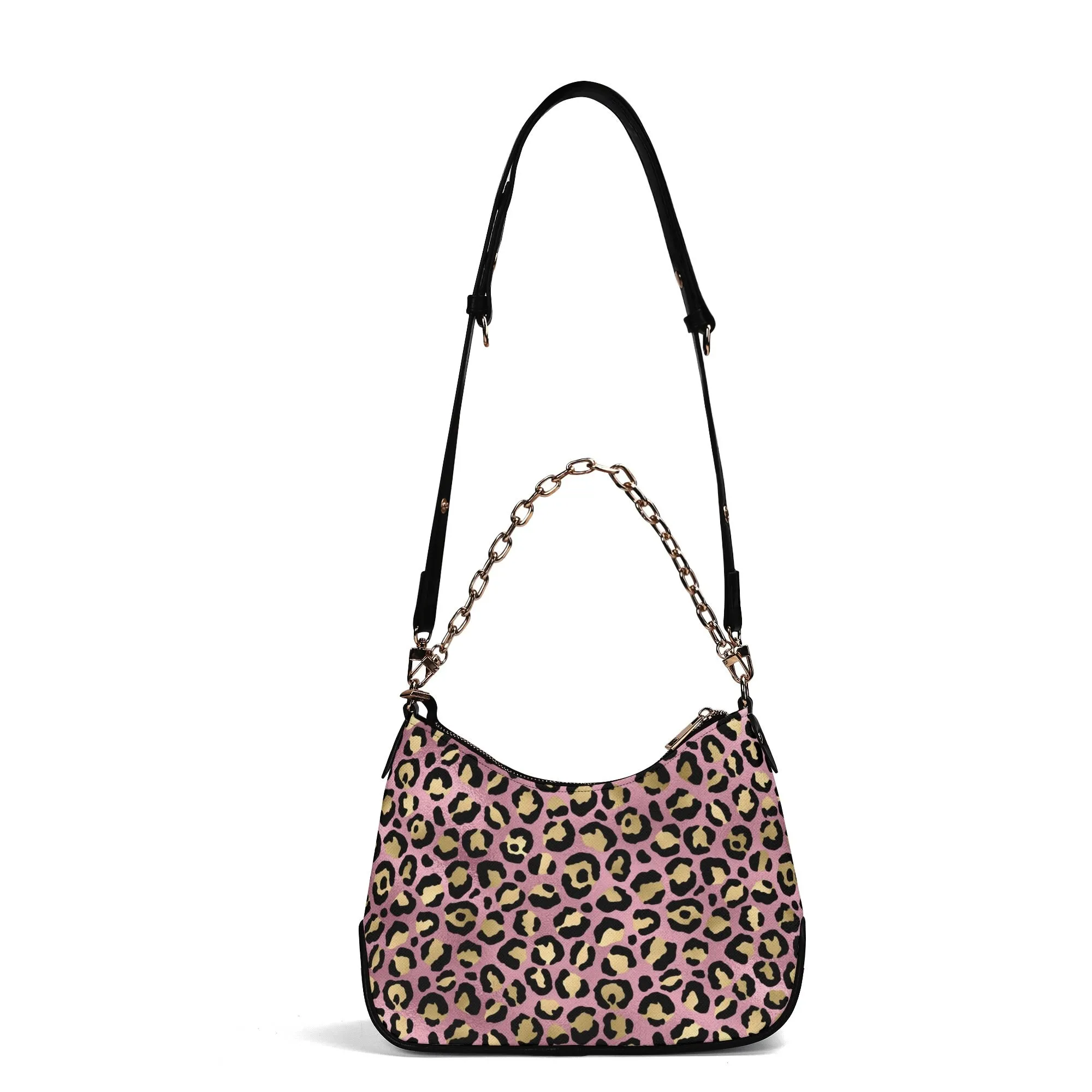 Gold Leopard Pattern Faux Leather Shoulder Bag with Chain Accent