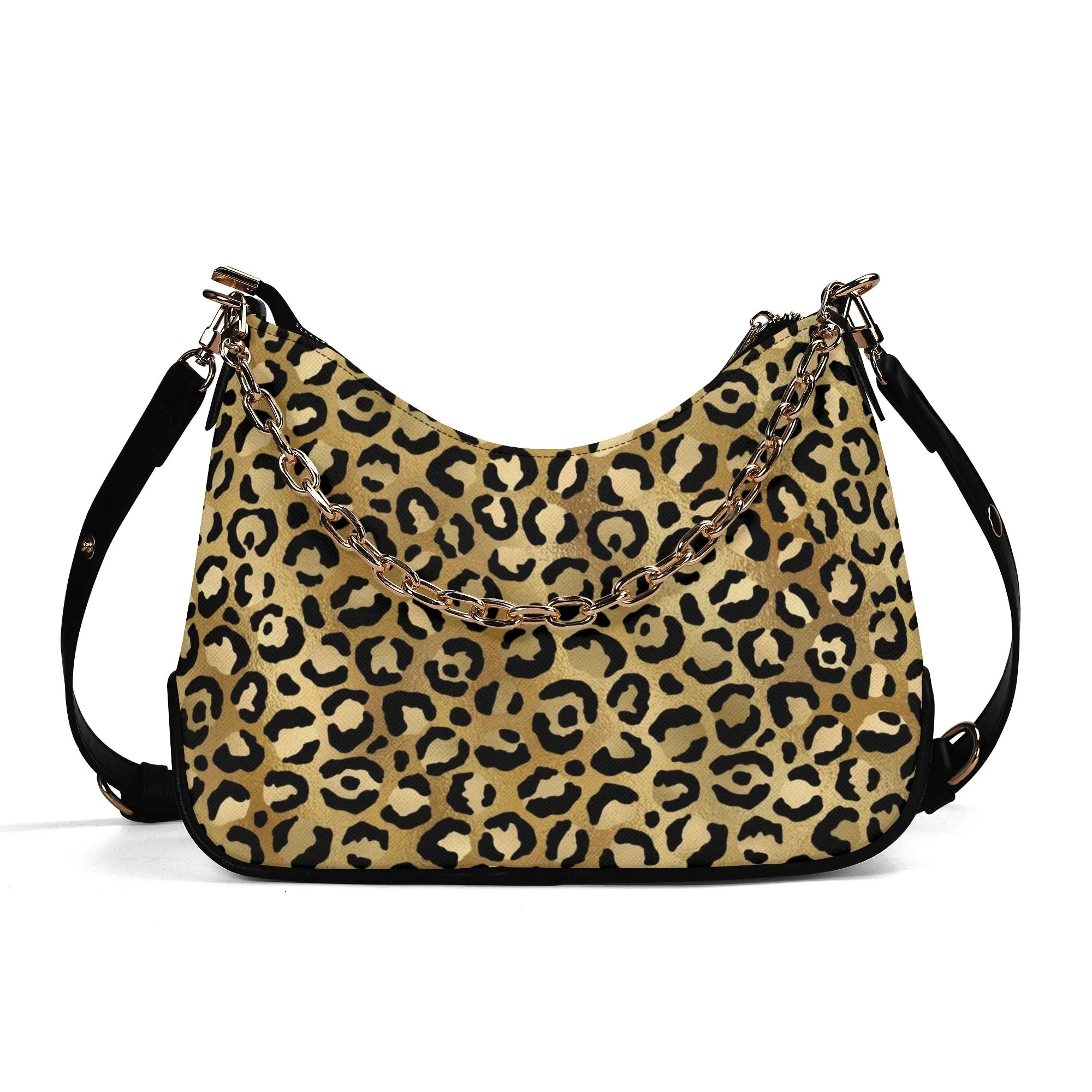 Gold Leopard Pattern Faux Leather Shoulder Bag with Chain Accent