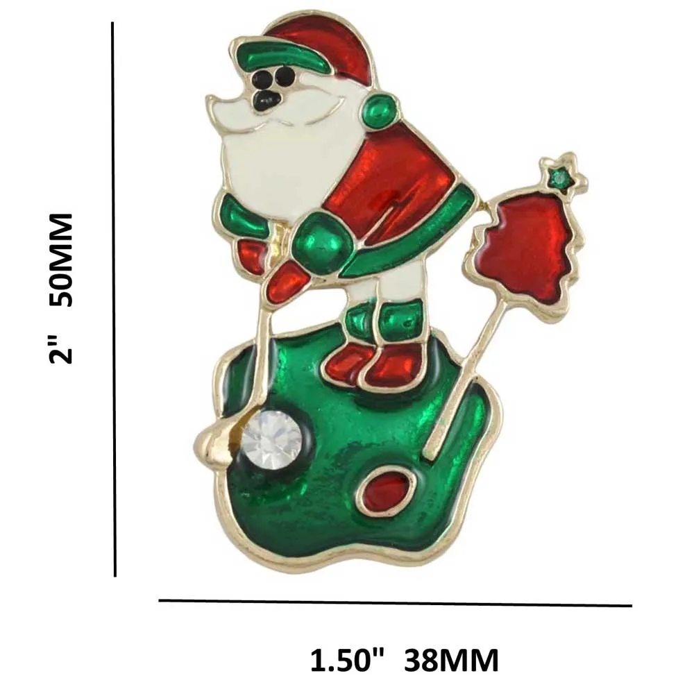 Golfing Santa with Crystal Golf Ball Christmas Brooch Pin - XP911