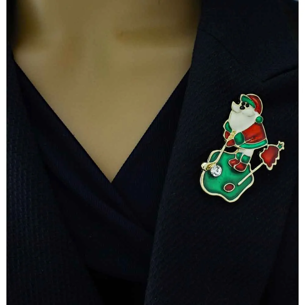 Golfing Santa with Crystal Golf Ball Christmas Brooch Pin - XP911