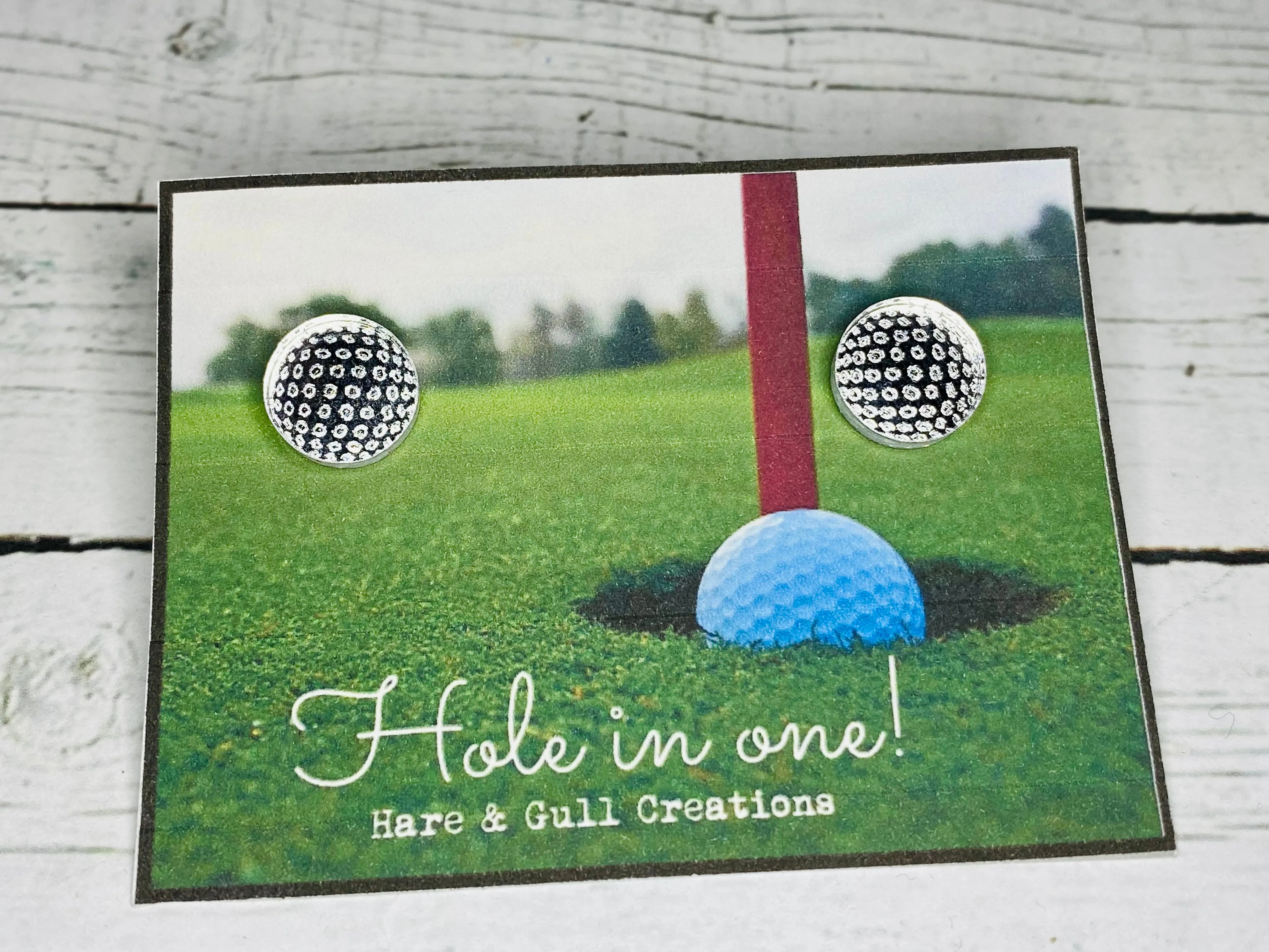 Hole in One - Golf Ball Cabochon Earrings 12mm Mirror Finish