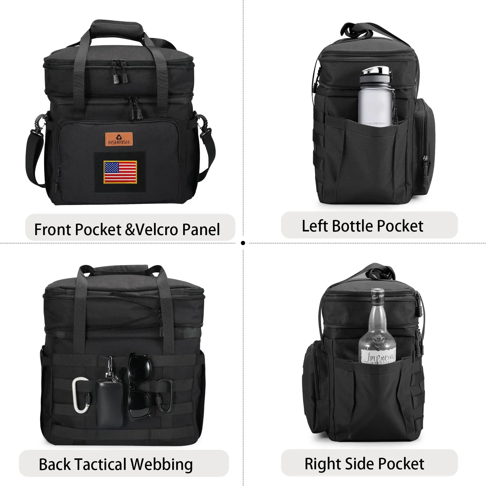 HSHRISH Tactical Lunch Box, Large Expandable Insulated Lunch Bag, Durable Waterproof Leakproof Cooler Bag for Adults/Men/Women/Work Outdoor Beach Trips, 20 Cans/15 L, Black