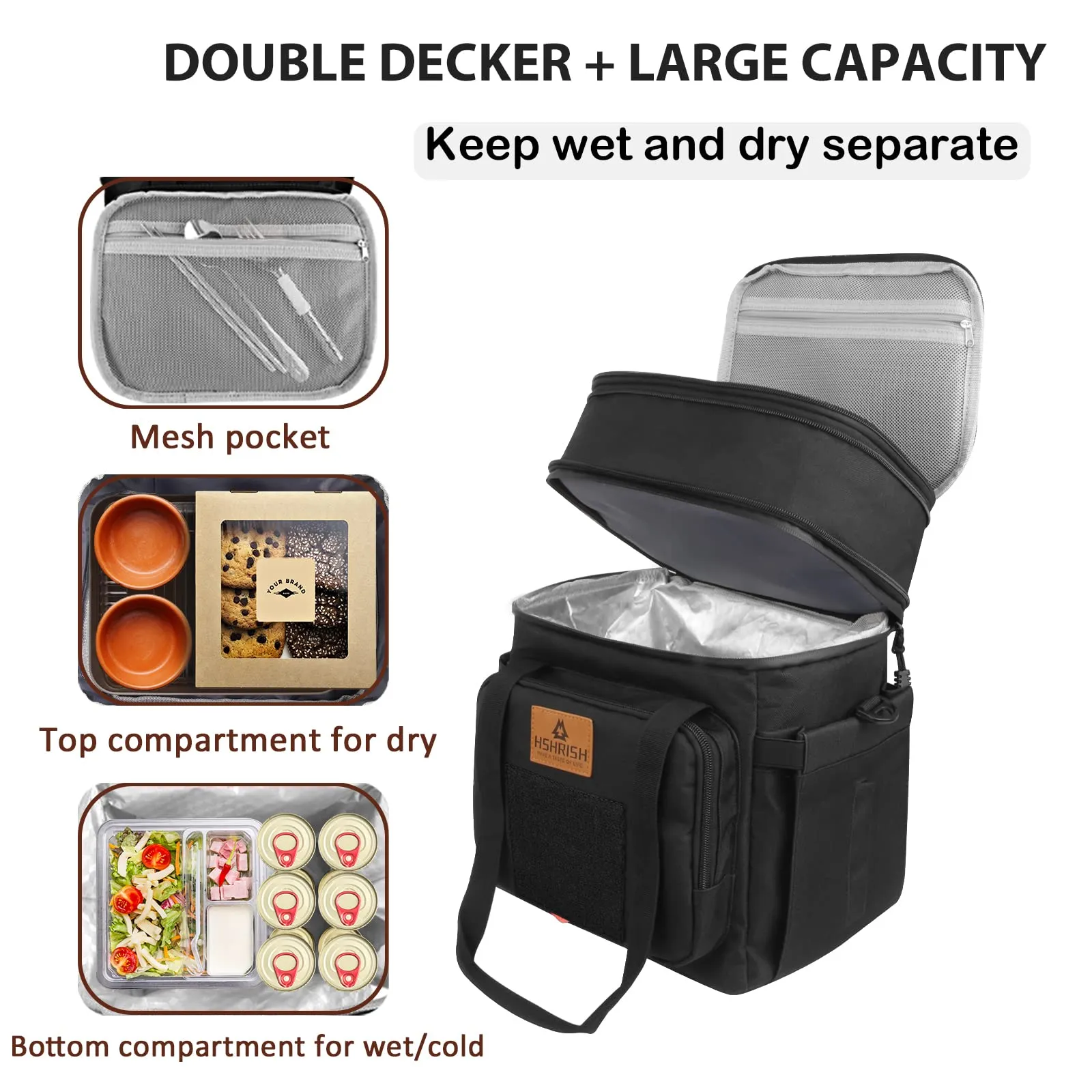 HSHRISH Tactical Lunch Box, Large Expandable Insulated Lunch Bag, Durable Waterproof Leakproof Cooler Bag for Adults/Men/Women/Work Outdoor Beach Trips, 20 Cans/15 L, Black
