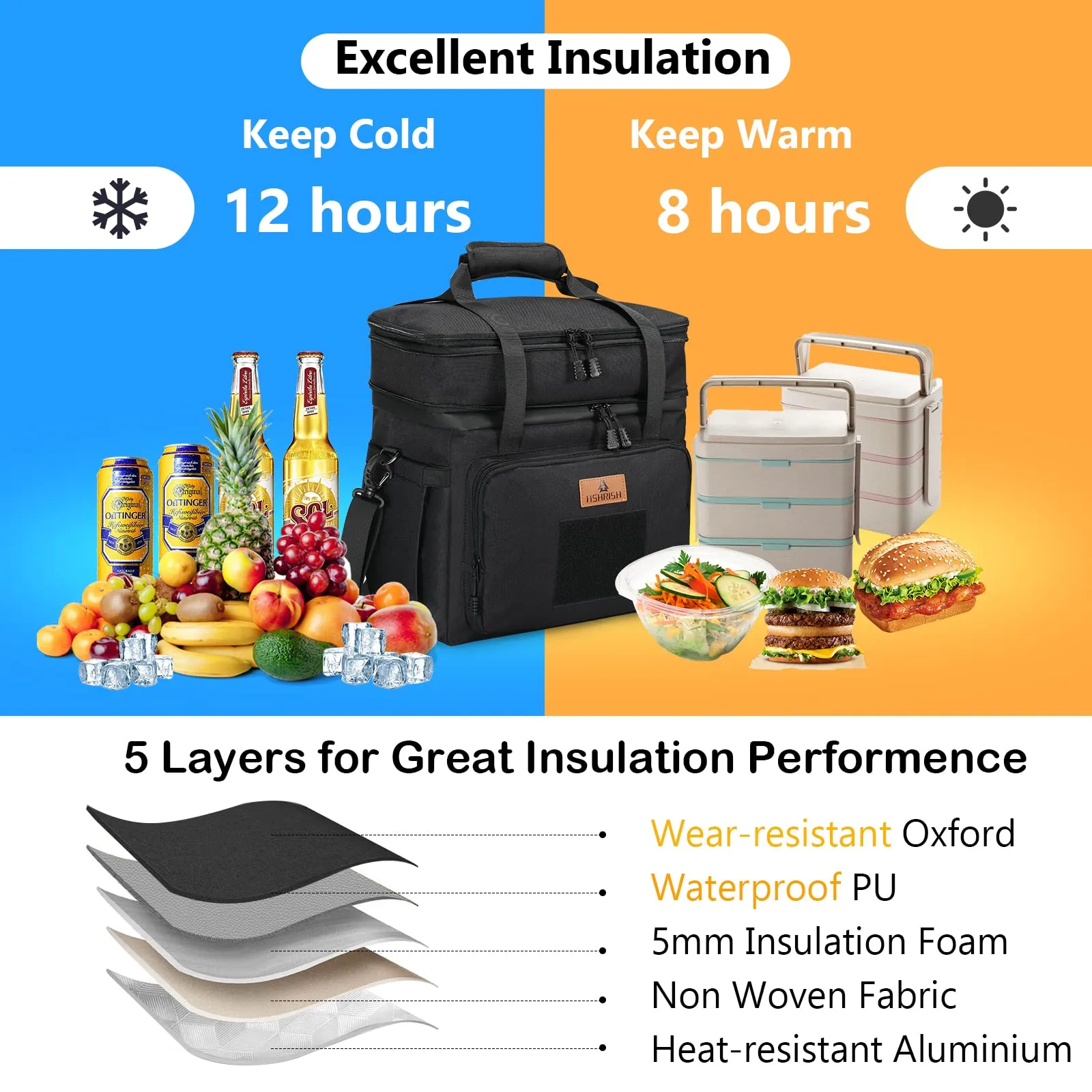 HSHRISH Tactical Lunch Box, Large Expandable Insulated Lunch Bag, Durable Waterproof Leakproof Cooler Bag for Adults/Men/Women/Work Outdoor Beach Trips, 20 Cans/15 L, Black