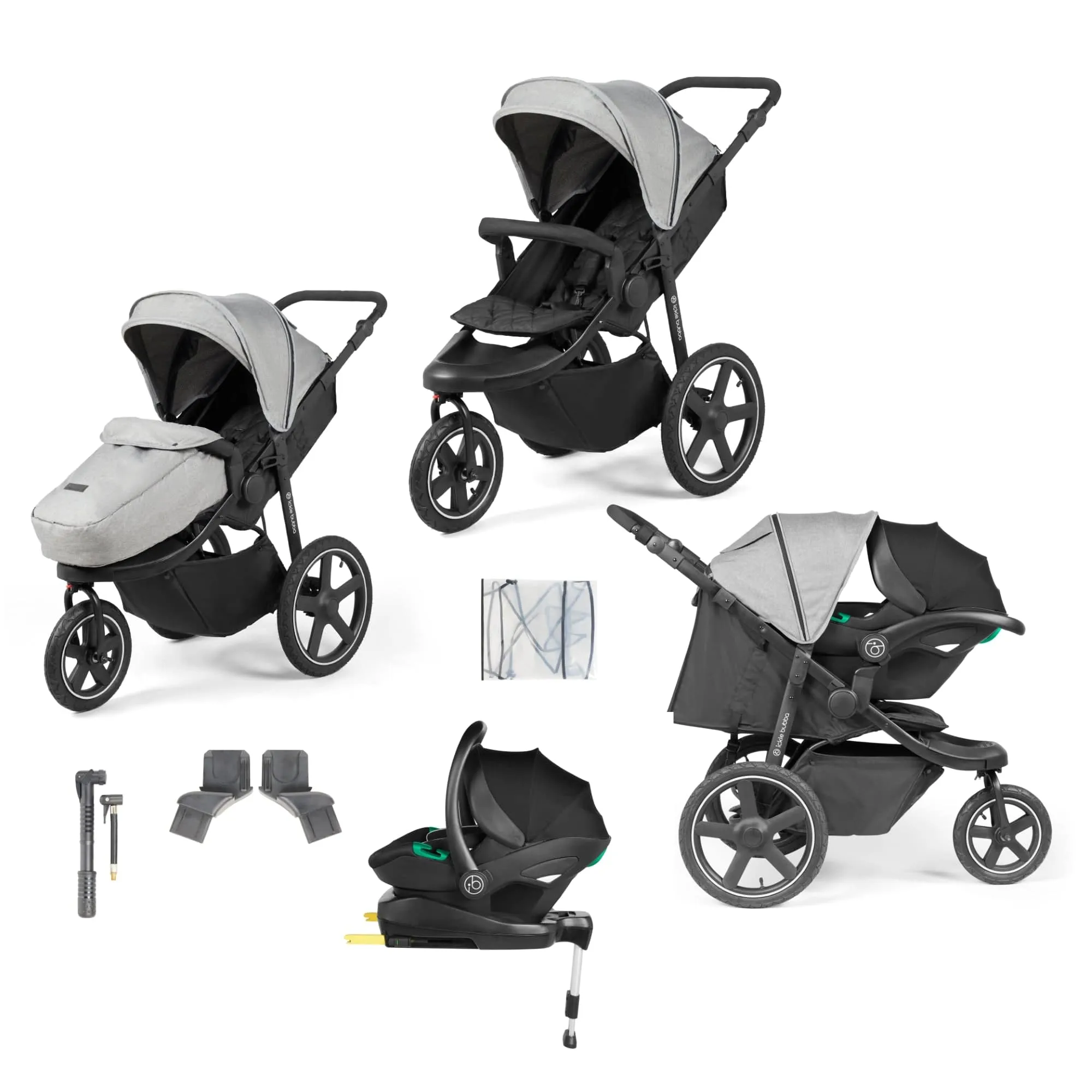 Ickle Bubba Venus Max Jogger Stroller I-Size Travel System in Black/Space Grey with Isofix Base