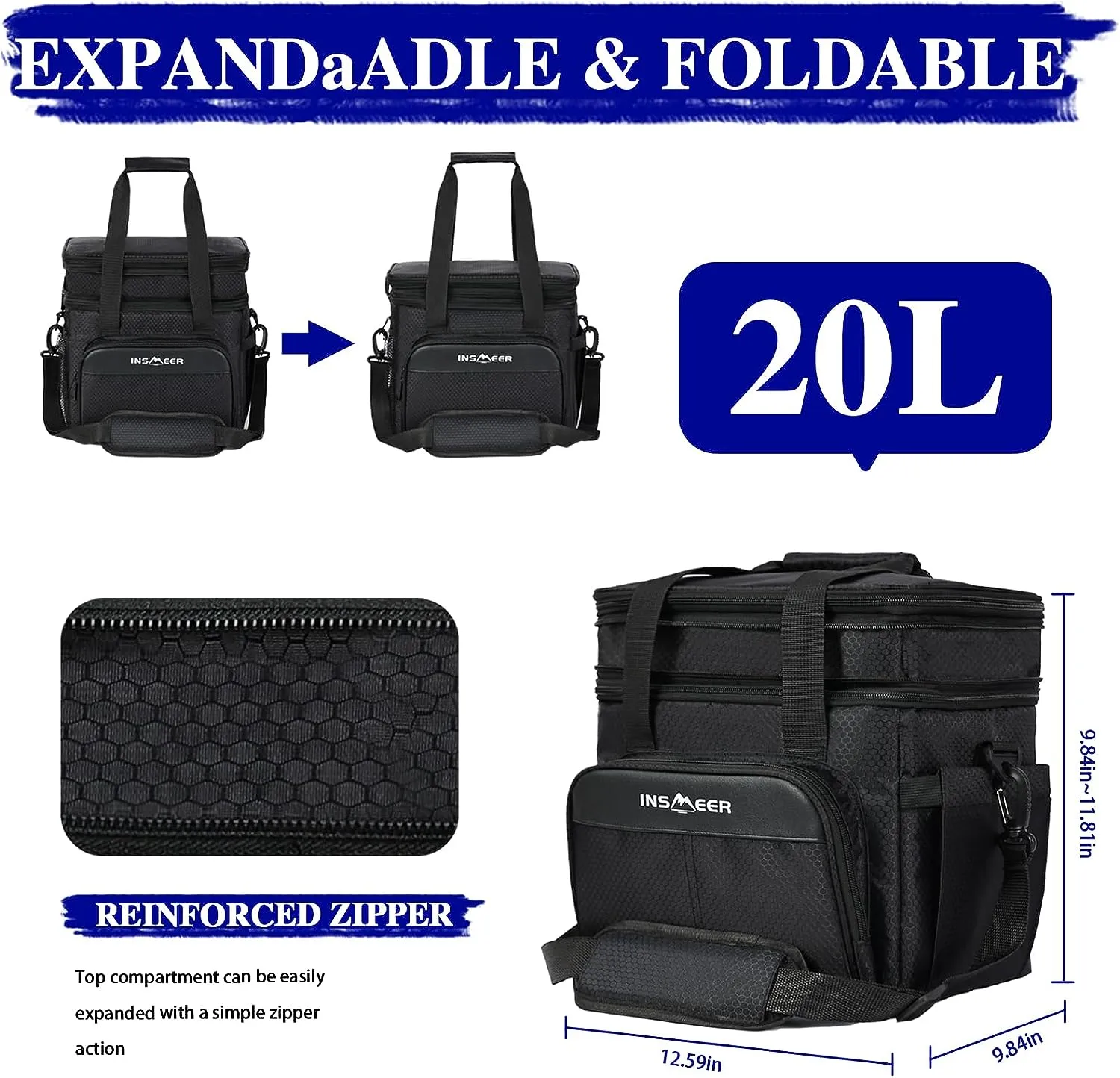 INSMEER 20L Lunch Bag,Expandable Tote Bag Lunch Box for Men,Insulated Lunch Bags Women,Double Deck Lunch Bag Waterproof and Leak-Proof for Work/Picnic/School