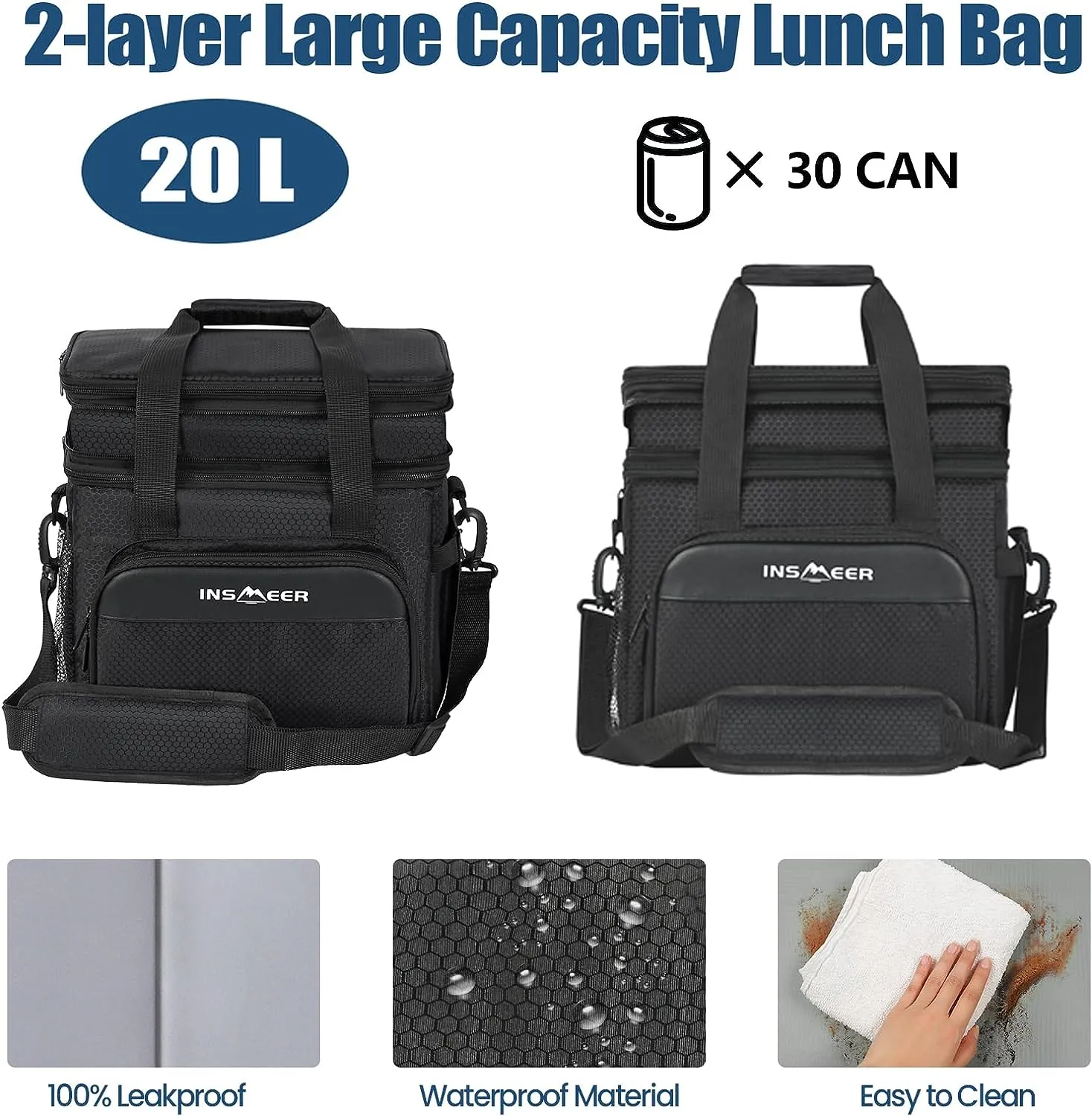 INSMEER 20L Lunch Bag,Expandable Tote Bag Lunch Box for Men,Insulated Lunch Bags Women,Double Deck Lunch Bag Waterproof and Leak-Proof for Work/Picnic/School