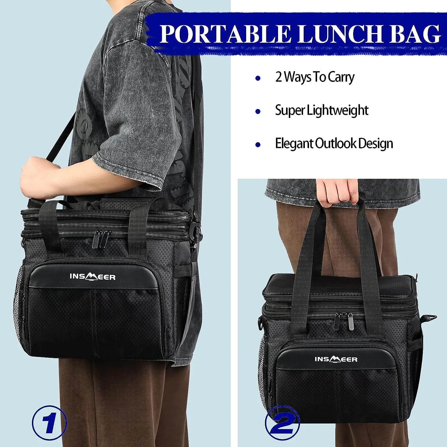 INSMEER 20L Lunch Bag,Expandable Tote Bag Lunch Box for Men,Insulated Lunch Bags Women,Double Deck Lunch Bag Waterproof and Leak-Proof for Work/Picnic/School