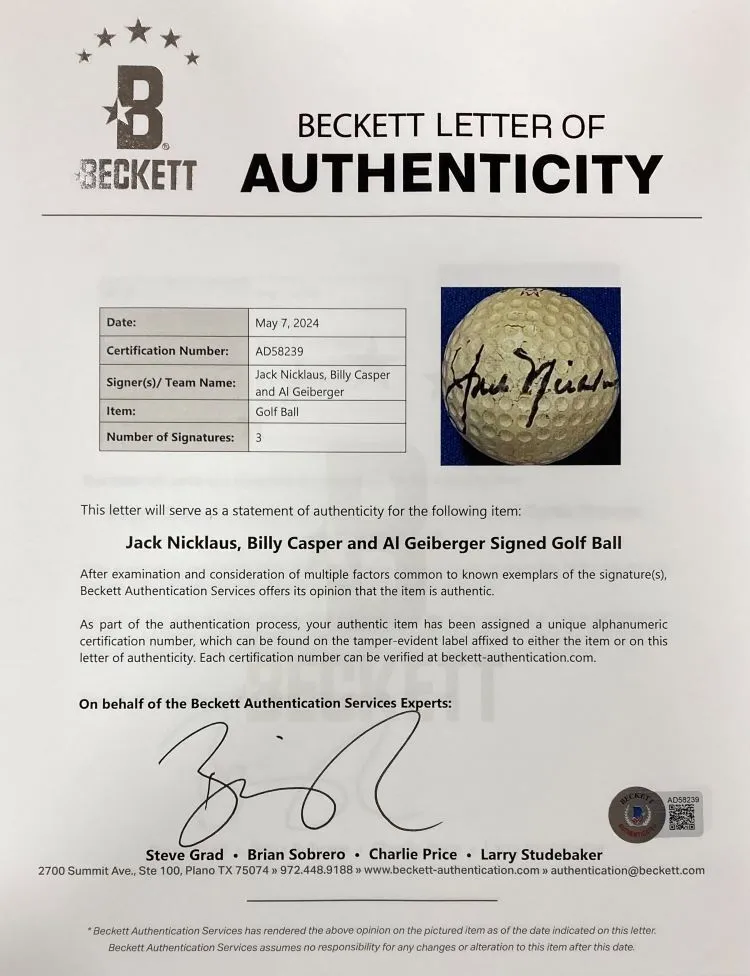 Jack Nicklaus Al Geiberger Billy Casper Signed Golf Ball BAS LOA