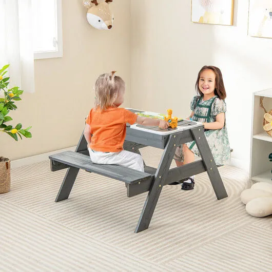 Kids Picnic Table Set with 3 Removable Bins-Gray - Color: Gray