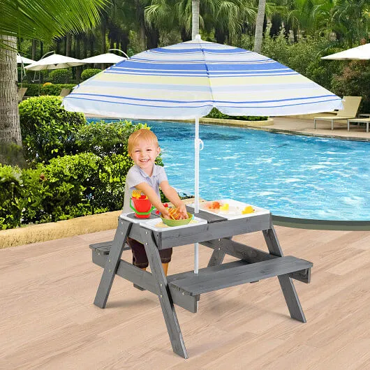 Kids Picnic Table Set with 3 Removable Bins-Gray - Color: Gray