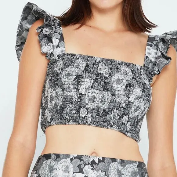 Kourt Outfit Set Large Silver Black Skirt Crop Top Floral Ruffle Y2K Festival