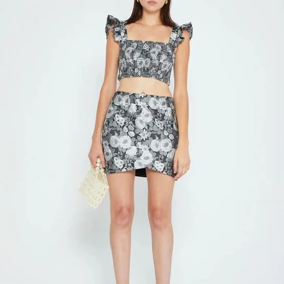 Kourt Outfit Set Large Silver Black Skirt Crop Top Floral Ruffle Y2K Festival