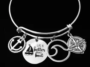 Life is Better On A Boat Expandable Charm Bracelet Silver Adjustable Bangle One Size Fits All Gift