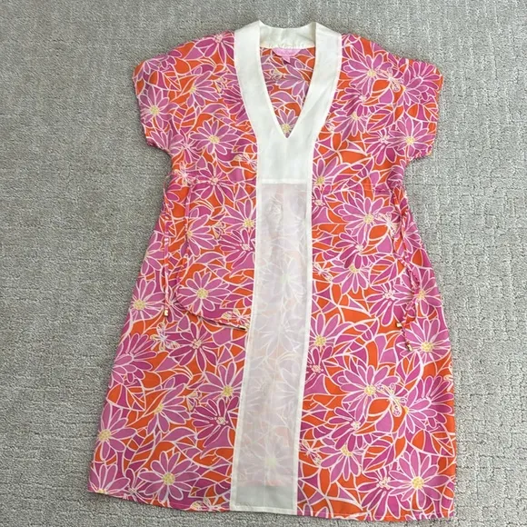 Lilly Pulitzer 100% silk floral print caftan muumuu coverup dress mini tie waist