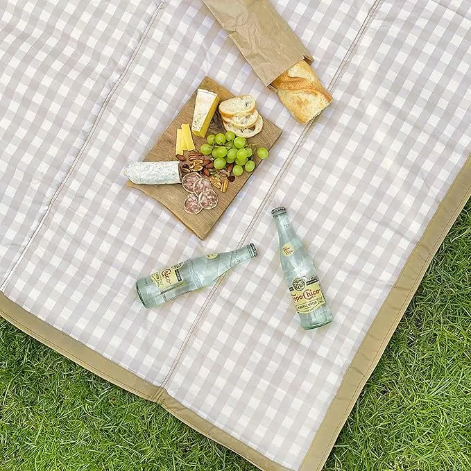 Little Unicorn Outdoor Family Picnic & Beach Blanket, Water-Resistant, Compact Fold, Large Size, 5 x 7 feet, (Beige Buffalo Check)
