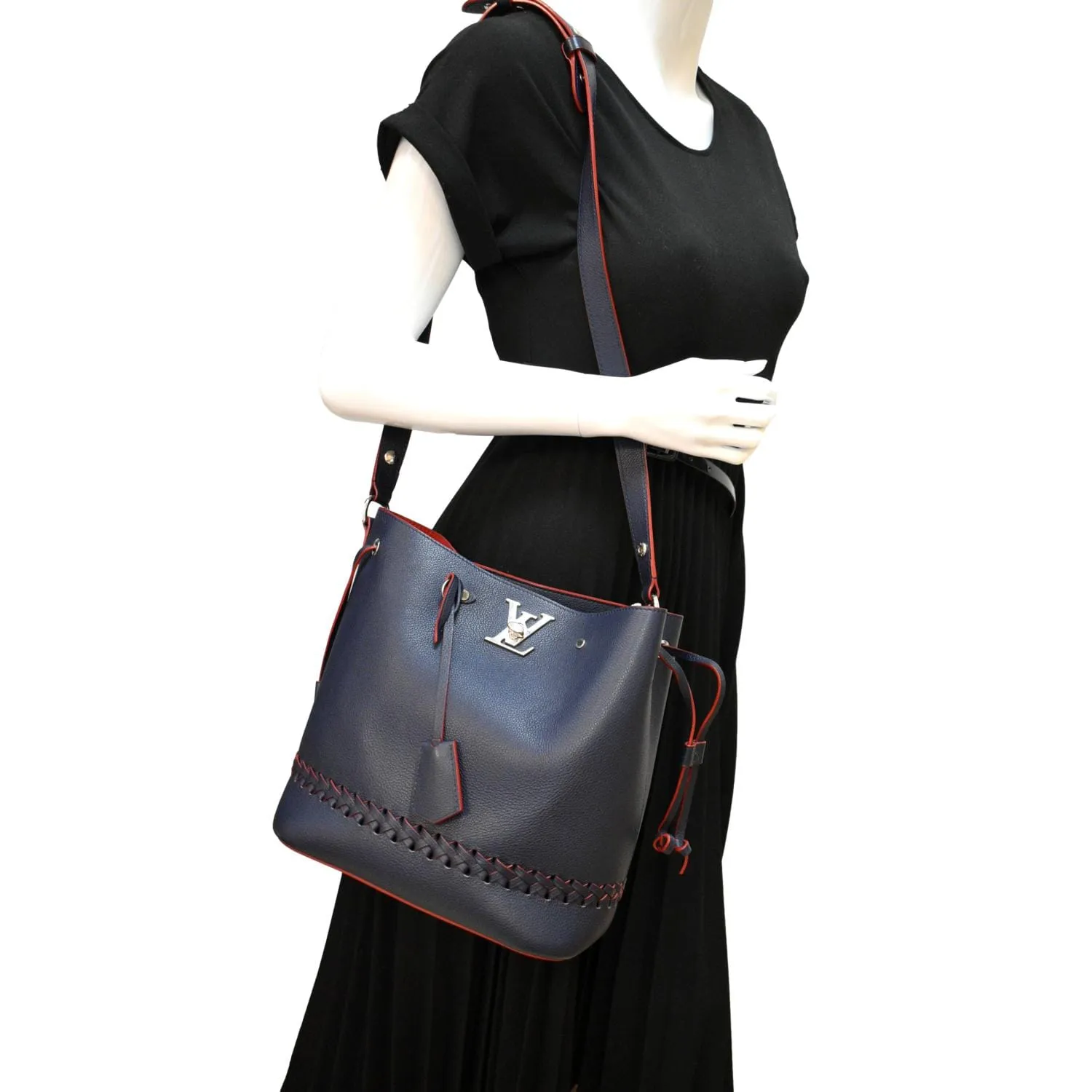 LOUIS VUITTON Lockme Bucket Calf Leather Shoulder Bag Marine Rouge