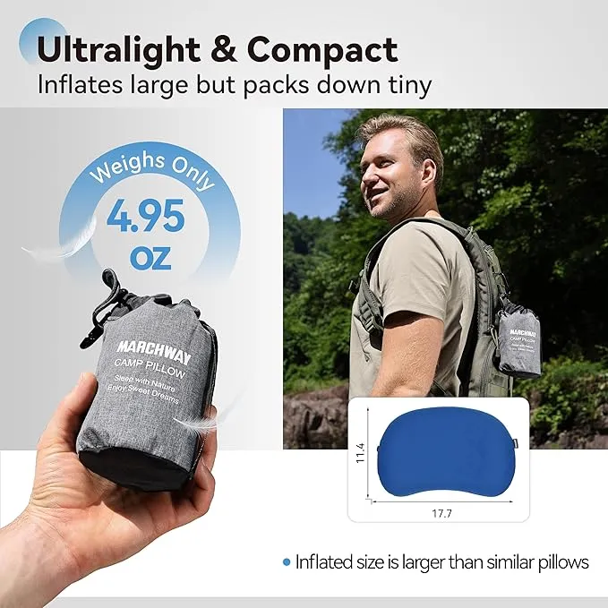 MARCHWAY Ultralight Inflatable Camping Pillow with Soft Washable Cover, Compact Compressible Portable Travel Air Pillow for Outdoor Camp, Sport, Hiking, Backpacking Sleep (Blue)
