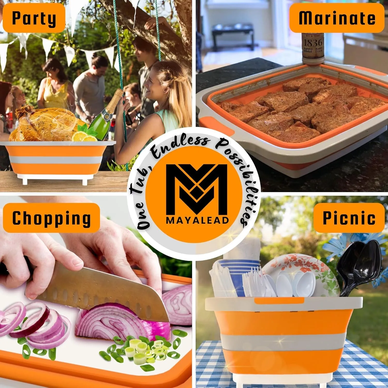 MAYALEAD BBQ Prep Tub with 2 Pcs Meat Shredder Claws, Collapsible Cutting Board, Cutting Board with Lids, Drip Easy BBQ Prep Tub with Lid-Xl Size