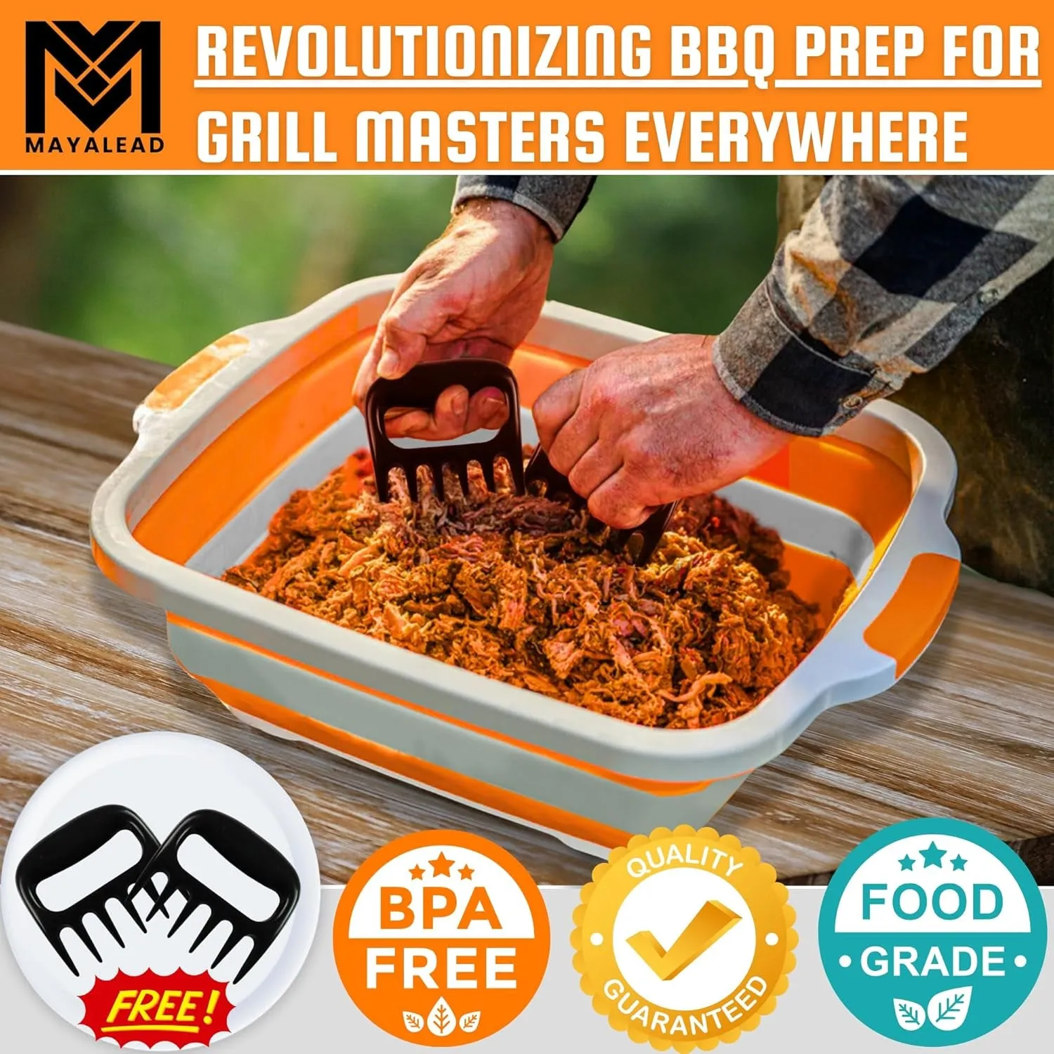 MAYALEAD BBQ Prep Tub with 2 Pcs Meat Shredder Claws, Collapsible Cutting Board, Cutting Board with Lids, Drip Easy BBQ Prep Tub with Lid-Xl Size