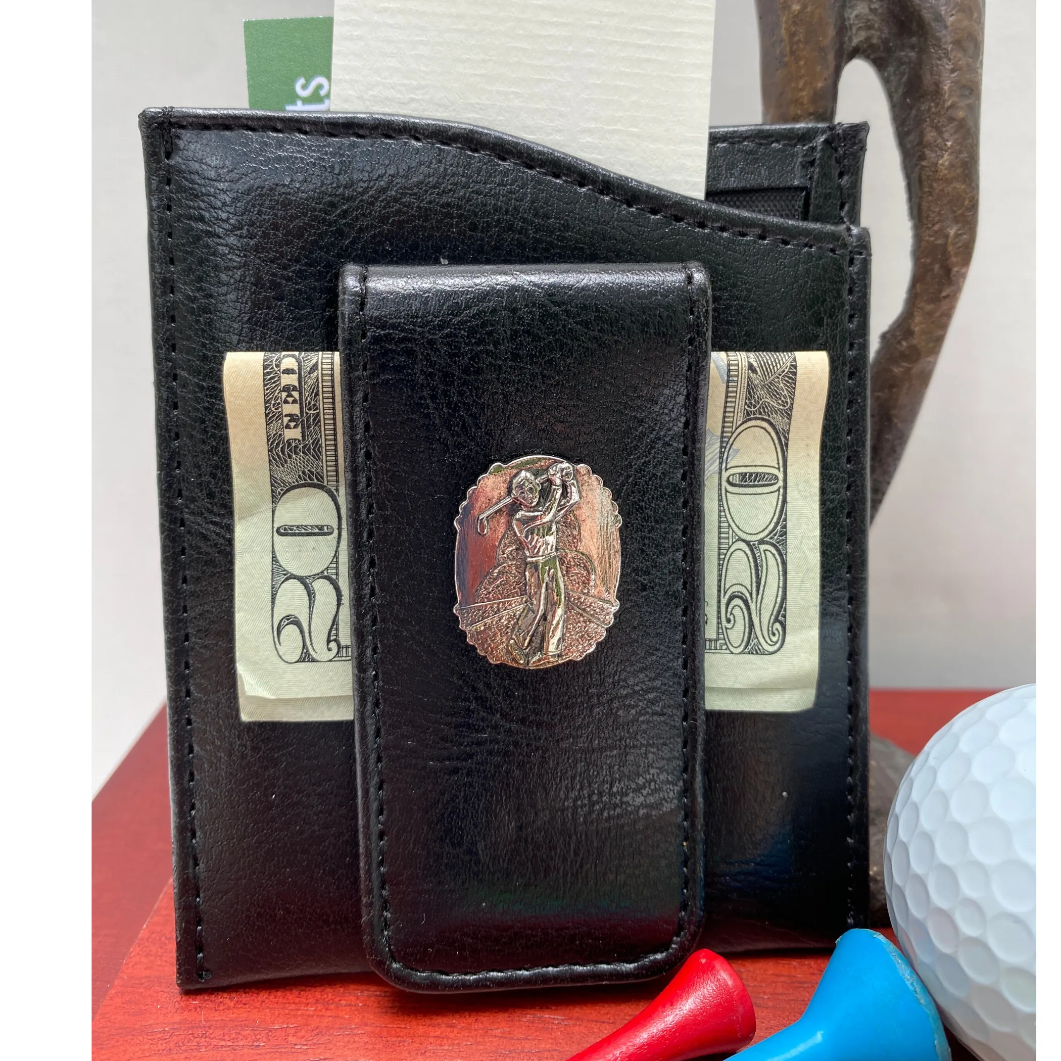 Money Clip, Golf theme, Black Faux Leather