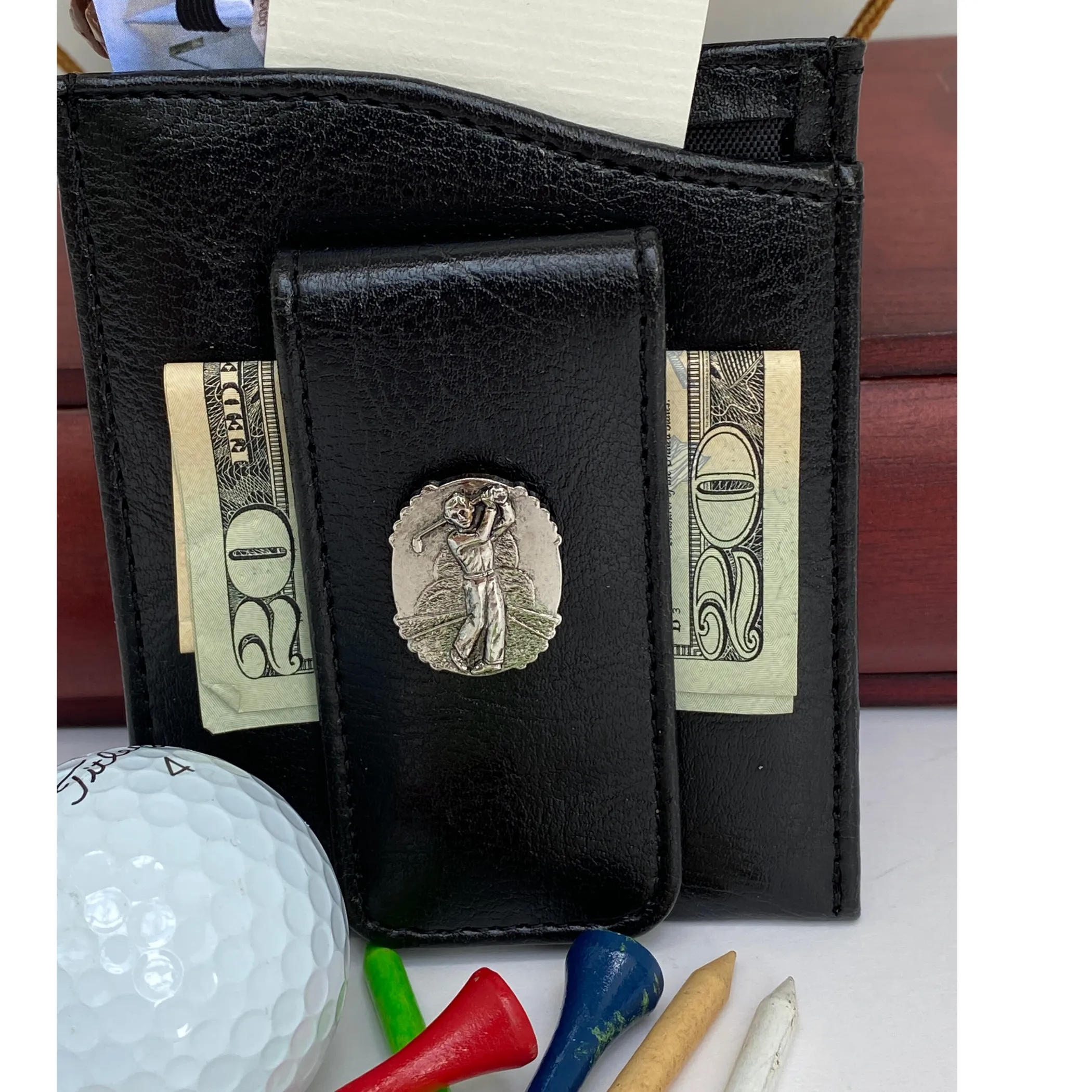 Money Clip, Golf theme, Black Faux Leather