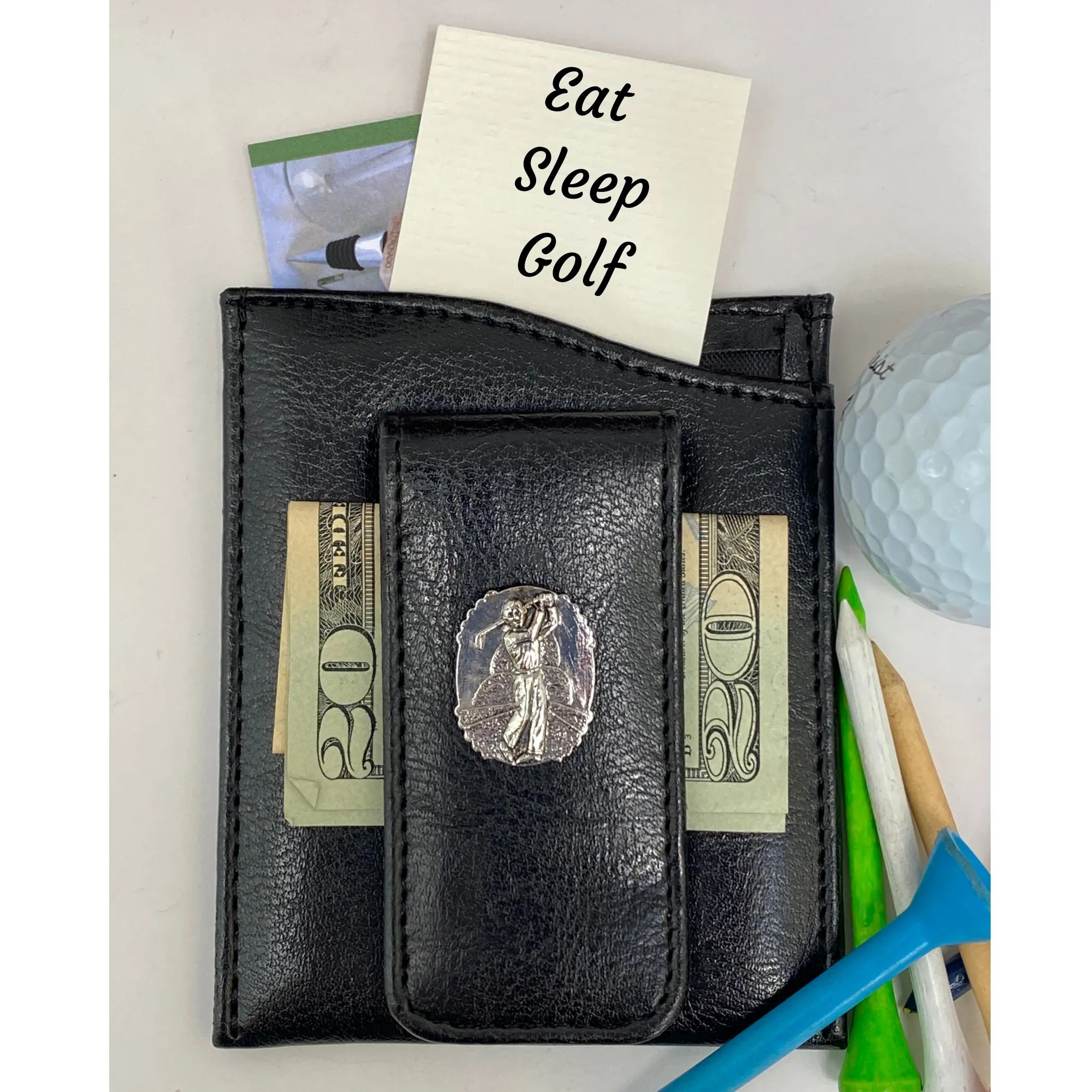 Money Clip, Golf theme, Black Faux Leather