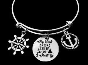 My Boat is Calling and I Must Go Expandable Charm Bracelet Boating Anchor Silver Adjustable Bangle One Size Fits All Gift Boater Boat