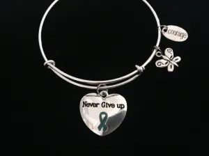 Never Give Up Courage Teal Awareness Ribbon Expandable Charm Bracelet Adjustable Bangle Gift Ovarian Cancer Awareness