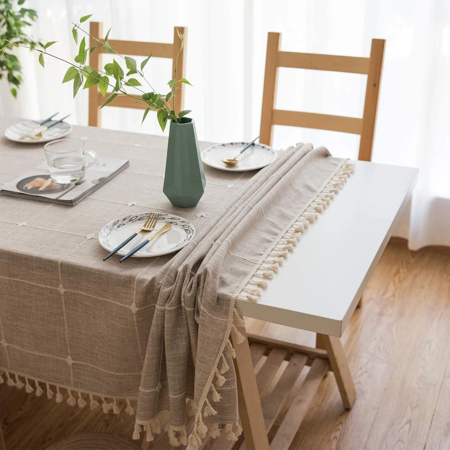 New Mokani Washable Cotton Linen Stitching Tassel Design Tablecloth, Rectangle Table Cover Great for Kitchen Dinning Tabletop Buffet Decoration (55 x55 Inch, Brown)