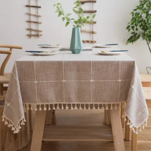 New Mokani Washable Cotton Linen Stitching Tassel Design Tablecloth, Rectangle Table Cover Great for Kitchen Dinning Tabletop Buffet Decoration (55 x55 Inch, Brown)