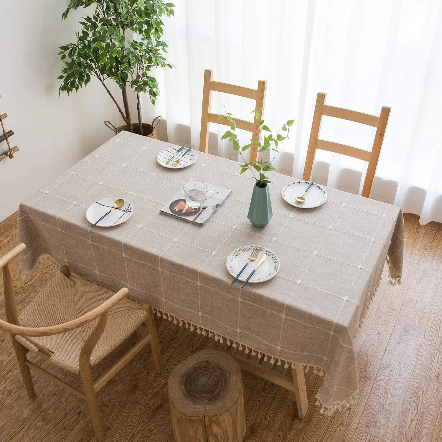 New Mokani Washable Cotton Linen Stitching Tassel Design Tablecloth, Rectangle Table Cover Great for Kitchen Dinning Tabletop Buffet Decoration (55 x55 Inch, Brown)