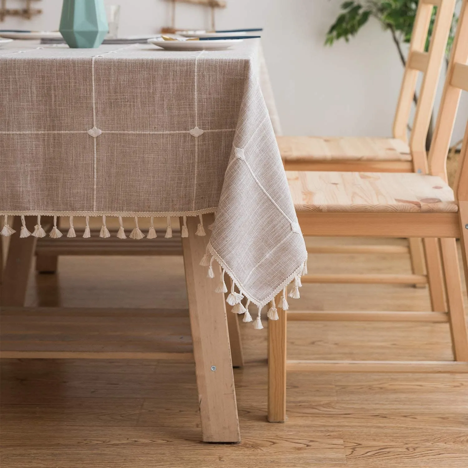 New Mokani Washable Cotton Linen Stitching Tassel Design Tablecloth, Rectangle Table Cover Great for Kitchen Dinning Tabletop Buffet Decoration (55 x55 Inch, Brown)