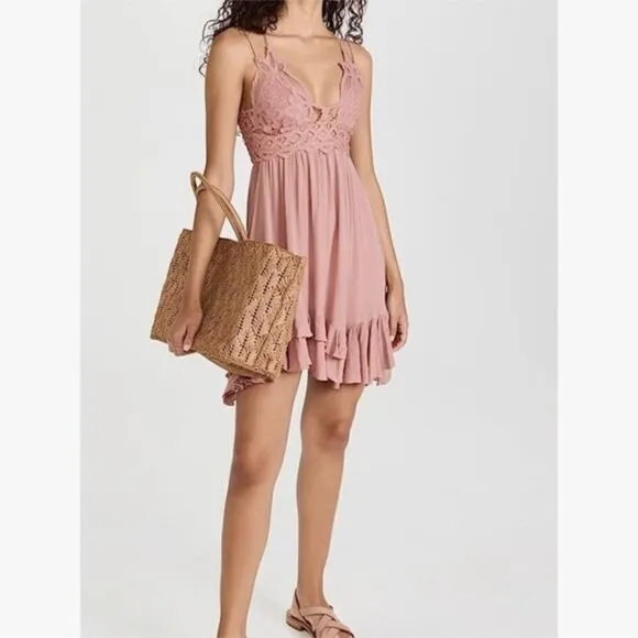 NWT Free People Intimately Pink Rose Adella Frilled Chemise Slip Dress