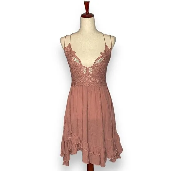 NWT Free People Intimately Pink Rose Adella Frilled Chemise Slip Dress