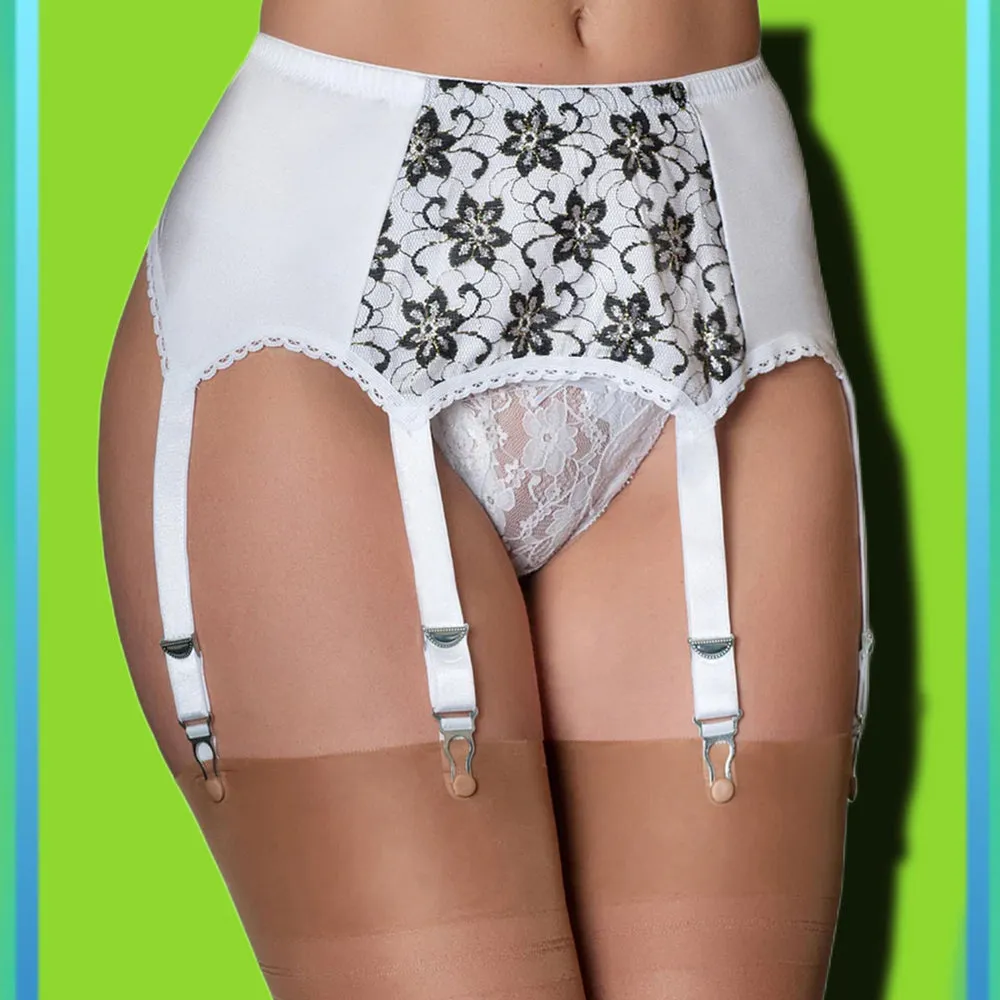 Nylon Dreams 6 Strap White Flower Suspender Belt