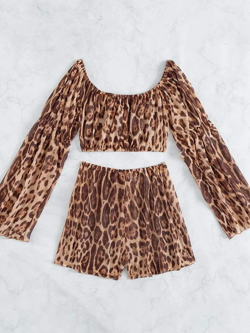 Off shoulder Cover Up Leopard Beach Cover Up Set