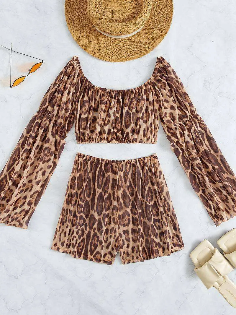 Off shoulder Cover Up Leopard Beach Cover Up Set