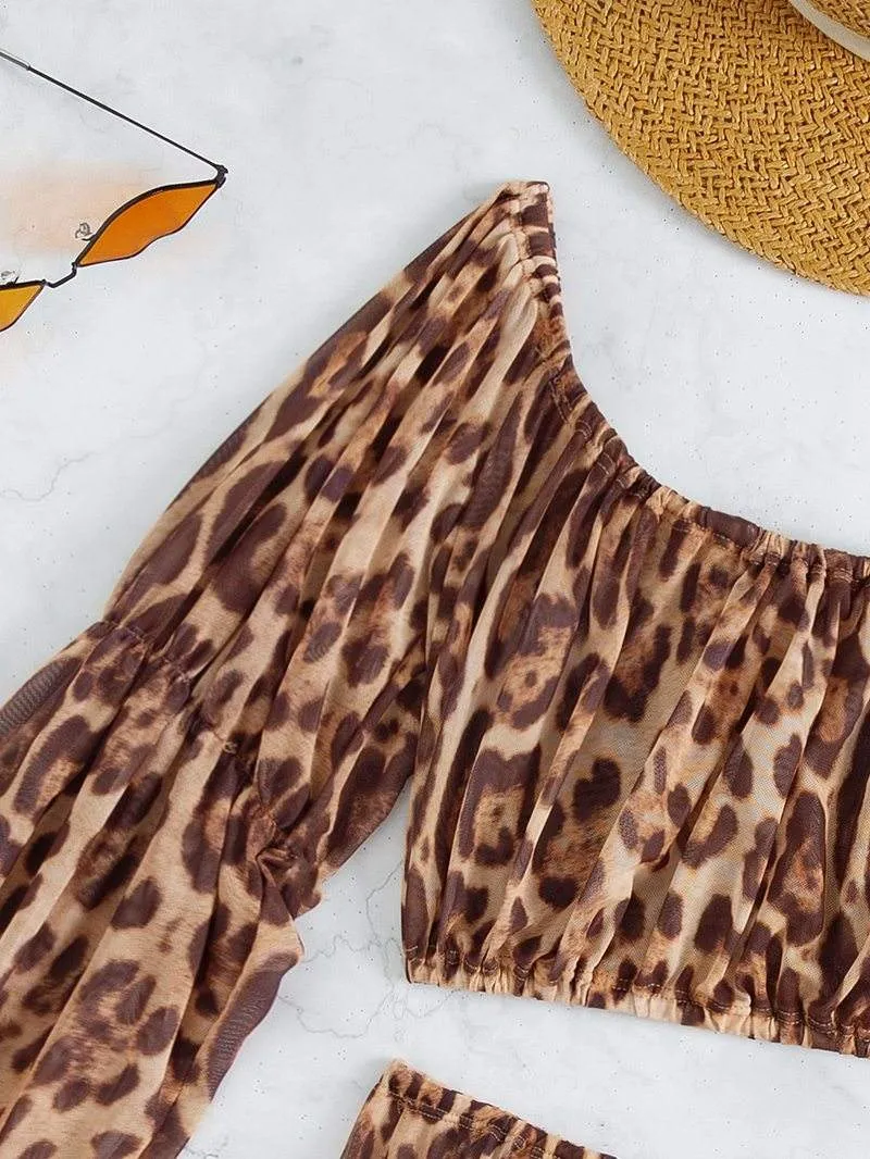 Off shoulder Cover Up Leopard Beach Cover Up Set